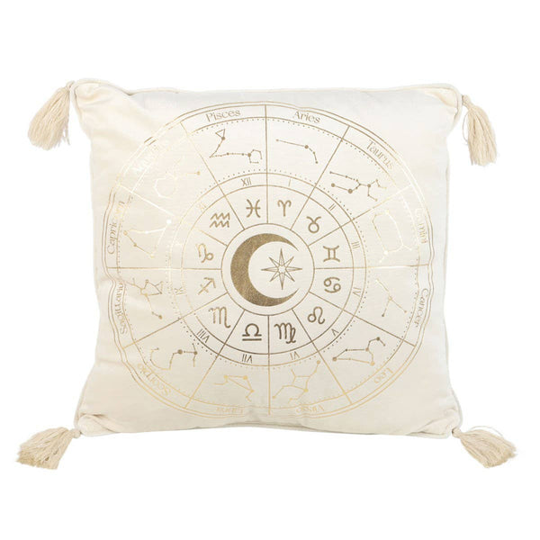 Off White Velvet Astrology Wheel Square Polyester Cushion