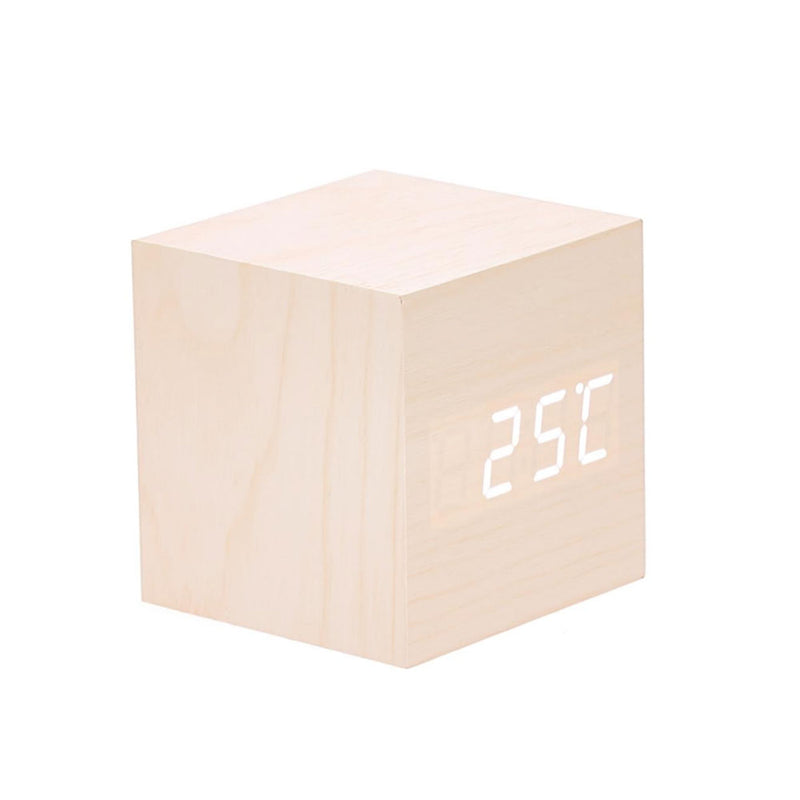 Horloge de bureau cube en bois à LED avec affichage de la température et de la date