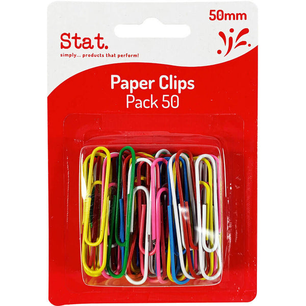 Stat Paper Clips 50pk 50mm (Assorted Colours)